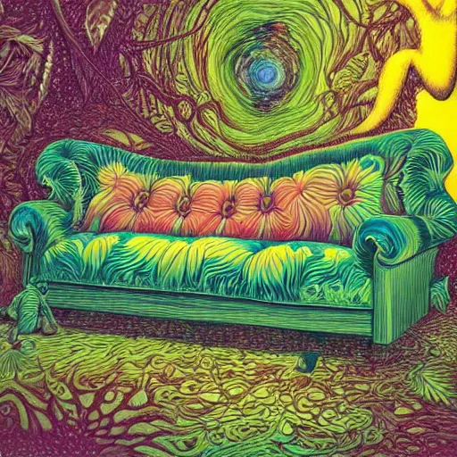 Image similar to psychedelic couch sofa in the lush forest, milky way, designed by moebius, rob gonsalves, gustav dore, giuseppe arcimboldo and carl barks, louis wain, trending on artstation, canada, star, sharp focus, colorful refracted sparkles and lines, soft light, 8 k 4 k