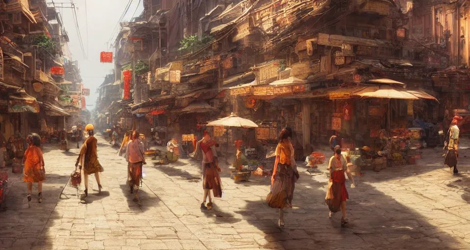 Prompt: craig mullins and ghibli digital art of chinatown street, sunset alley, in the bustling ancient chinese city, the god of erlang yang jian came from a distance, unreal engine, hyper realism, realistic shading, cinematic composition, realistic render, octane render, detailed textures, photorealistic, wide shot