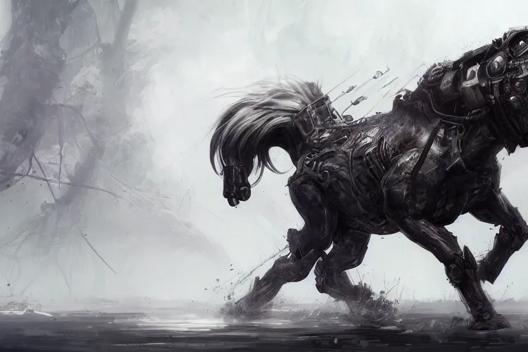 Image similar to a cyborg horse running through a swamp, concept art, artstation