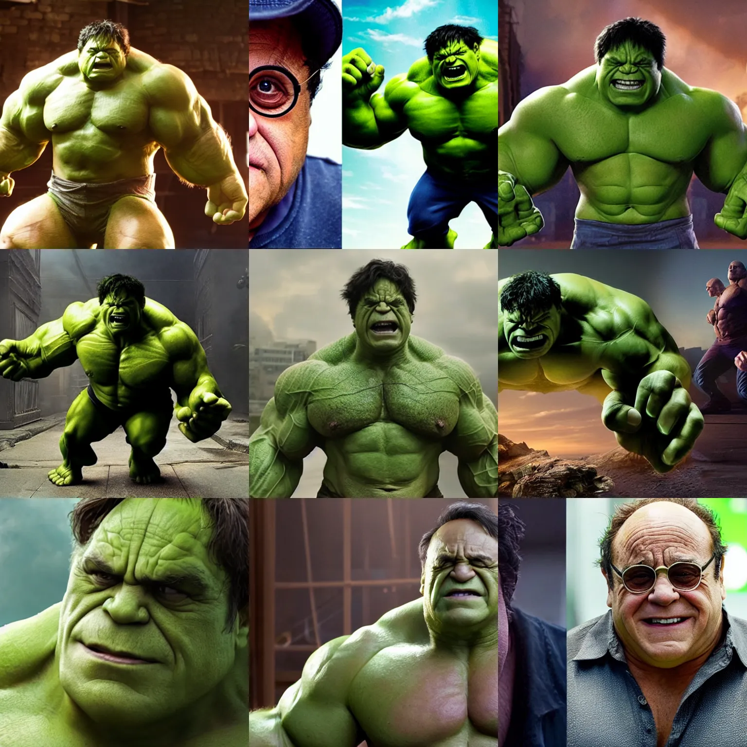 Prompt: danny devito as hulk, marvel cinematic universe, mcu, 4 k, raw, unedited, green skin, symmetrical balance, in - frame