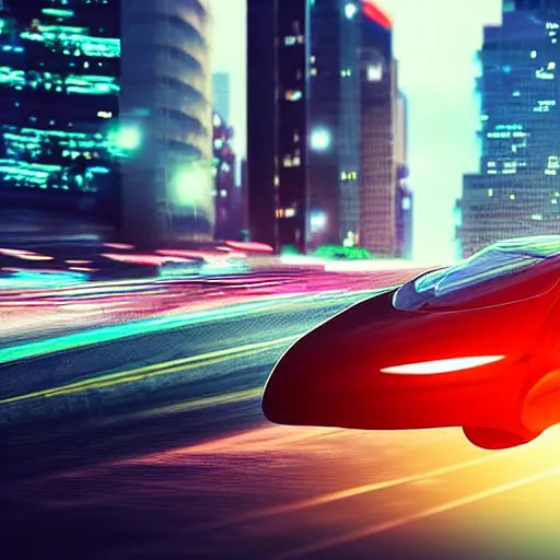 Image similar to digital art of a futuristic neon city sharp photorealistic octane render, bokeh in the background only, a in focus sharp flying car hover in the foreground