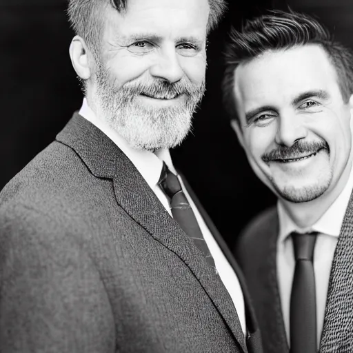 Prompt: A 4x5 portrait of two men one dishevelled man who has neutral face and a one is smiling and well dressed, 200mm lens, bokeh, depth of field, black & white, grainy, rule of thirds