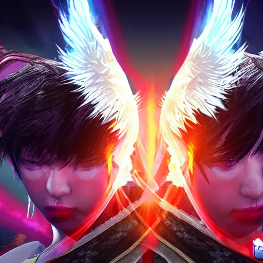 Image similar to Angel Warrior Jin Tekken 7 Arcade surreal graphics with random screen tears.