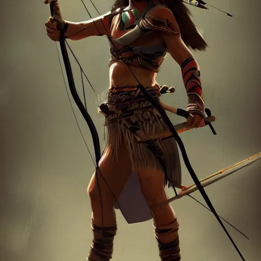 Prompt: tribal archer woman aiming her bow off camera, painting, artstation, epic, intense lighting