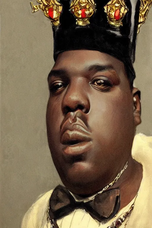 Prompt: portrait of biggie smalls with kings crown and royal outfit, modern, eclectic, illustration, by ramon casas