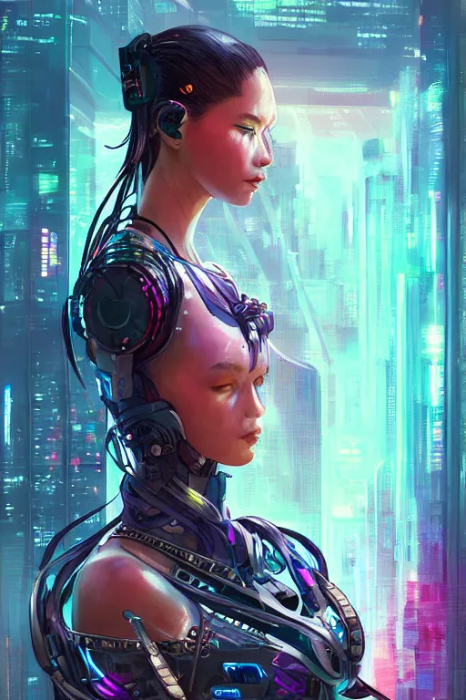 Image similar to portrait futuristic Cyber warrior Girl, in future cyberpunk tokyo rooftop , ssci-fi, fantasy, intricate, very very beautiful, elegant, neon light, highly detailed, digital painting, artstation, concept art, smooth, sharp focus, illustration, art by WLOP and tian zi and alphonse mucha