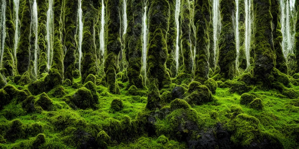 Image similar to photo of a landscape with lush forest, wallpaper, very very wide shot, iceland, new zeeland, green flush moss, national geographic, award landscape photography, professional landscape photography, ancient forest, sunny, day time, beautiful