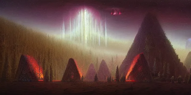 Prompt: painting of redwood forest and redstone labyrinth in the style of nebulapunk by dan seagrave and tomasz alen kopera with a futuristic castle by simon stahlenhag