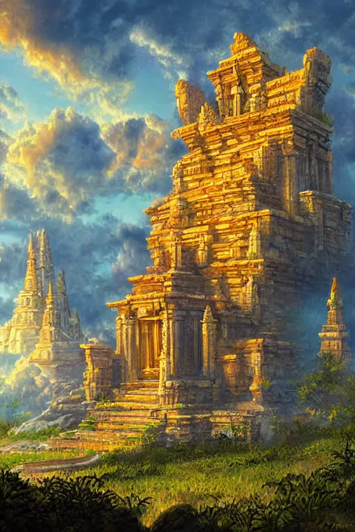 Prompt: digital painting detailed mystical temple under a magic sky by James gurney