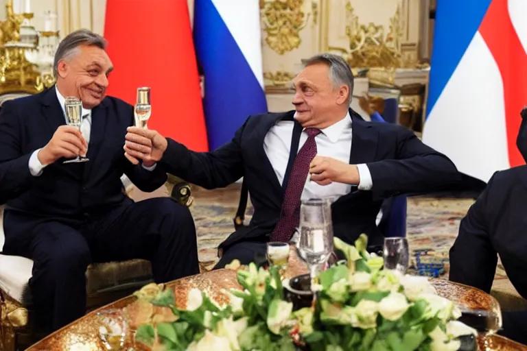 Prompt: viktor orban winking and drinking champagne with putin in front a burning city