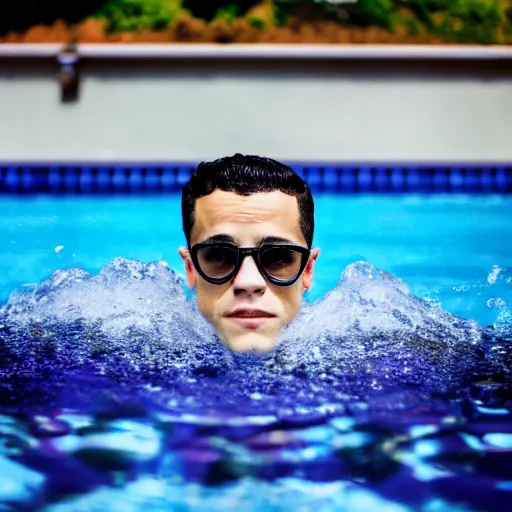 Prompt: rami malek diving in a pool, 3 5 mm lens, photography, depth of field, 8 k,