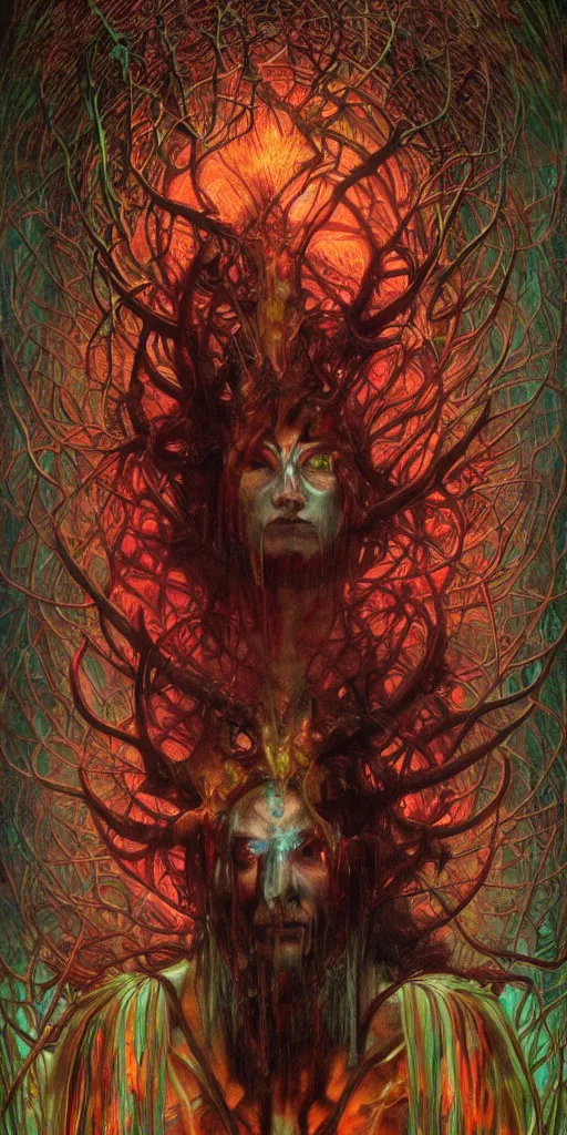 Image similar to intense snarling glowing pagan god with ram horns and veins and intense glowing eyes in very dark forest by karol bak and beksinski and alphonse mucha, portrait, fantasy, clear, light beams, lens flare, intense, uhd, red and teal and yellow, amazing depth, cinematic lighting