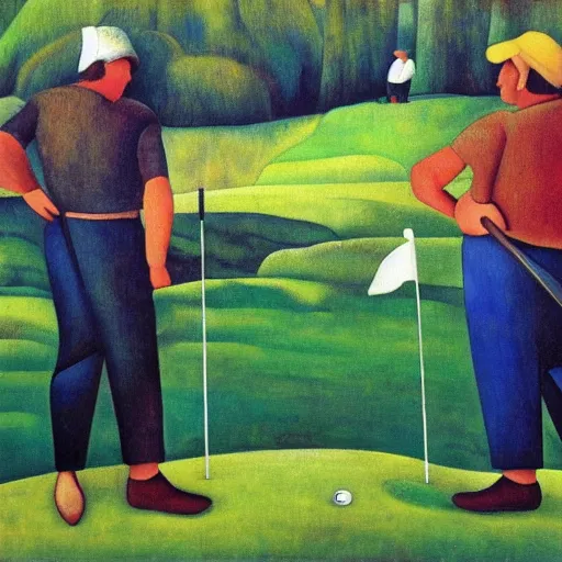 Image similar to Three golfers on a beautiful golf course, by Diego Rivera