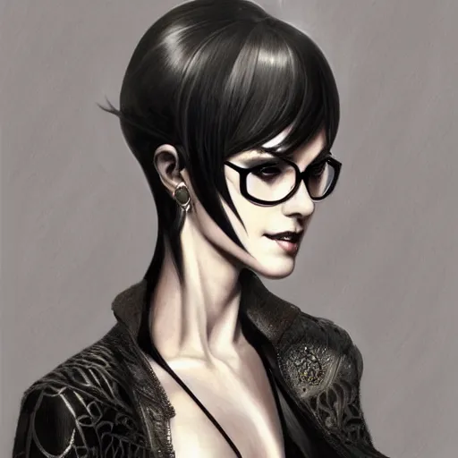 Image similar to a portrait a young asia argento as bayonetta, urban motifs, intricate, elegant, highly detailed, digital painting, trending on artstation, concept art, smooth sharp focus, illustration, art by artgerm and greg rutkowski