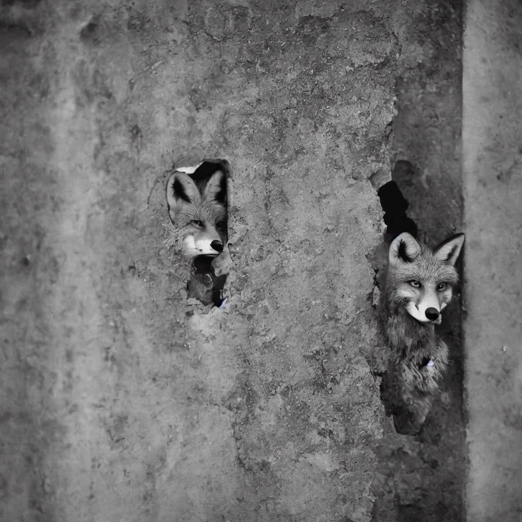 Prompt: An anthro fox man with bloodshot eyes hiding behind a wall, 35mm