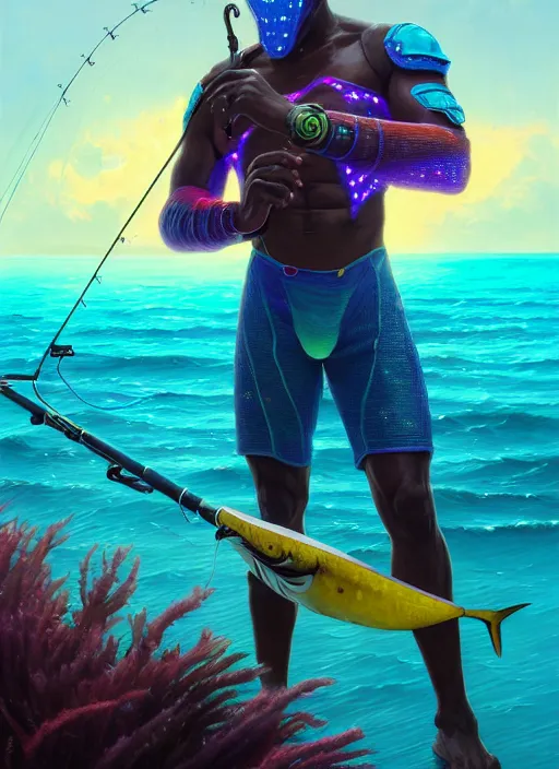 Image similar to portrait of a male jamaican fisherman sci - fi glowing fishing armor fishing rod cyberpunk muscular intricate elegant highly detailed digital painting artstation concept art, ocean background, reggae colors, cinematic, greg rutkowski, loish, rhads, ferdinand knab, makoto shinkai and lois van baarle, ilya kuvshinov, rossdraws, tom bagshaw