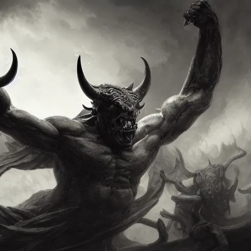 Prompt: full body, grayscale, Gustave Dore, greg rutkowski, muscled humanoid balrog demon, horns, claws, large horned tail, heroic pose, swirling flames