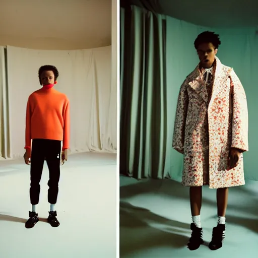 Image similar to realistic photoshooting for a new balenciaga lookbook, color film photography, portrait of a beautiful woman, set design by wes anderson, in style of Tyler Mitchell, 35mm,