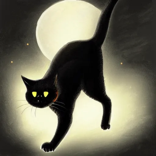 Image similar to an hyper detailed black cat with orange eyes walking through the road during the night under the light of the streetlights and looking at the moon. Realistic. High detail. Hyper realistic artwork By Diego Fazio