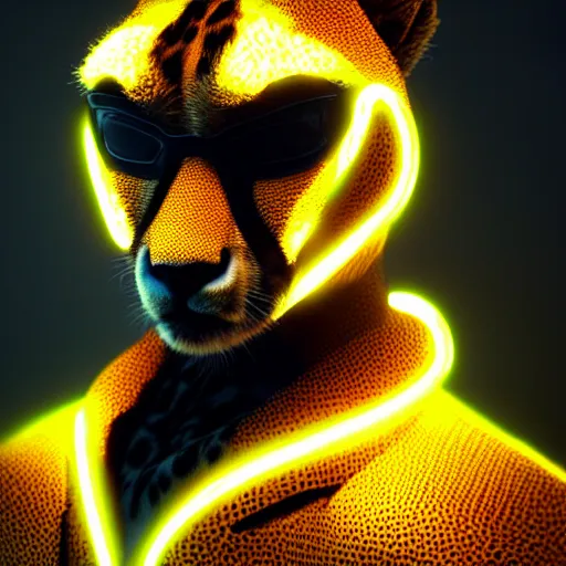 Image similar to a beautiful commission of a male anthropomorphic cheetah wearing a neon jacket,futuristic,detailed face,character design by charles bowater,mohawk,cyberpunk style,deviantart,artstation,art by greg rutkowski,ross tran,professional lighting,neon city,night,raytracing,rtx,highly realistic,4k,dramatic,hyperrealism