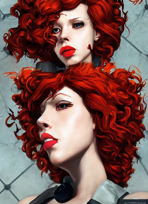 Image similar to biohazard portrait of black widow curly!!! orange!! hair girl bioshock, au naturel, hyper detailed, digital art, trending in artstation, cinematic lighting, studio quality, smooth render, unreal engine 5 rendered, octane rendered, art style by klimt and nixeu and ian sprigger and wlop and krenz cushart