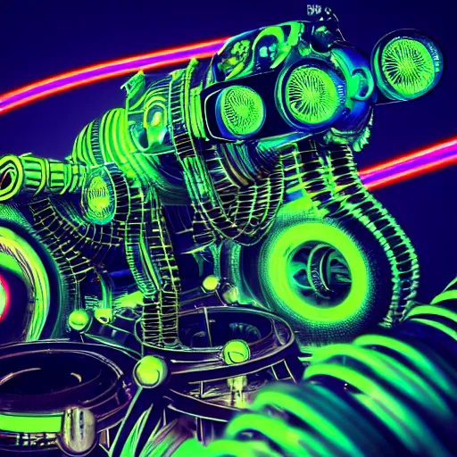 Prompt: album art, the album is called tripmachine, trance music, a huge steampunk mechanic machine with many loudspeakers and gears and tubes and wires, 8 k, fluorescent colors, halluzinogenic, multicolored, blue neon accents, exaggerated detailed, front shot, 3 d render, octane