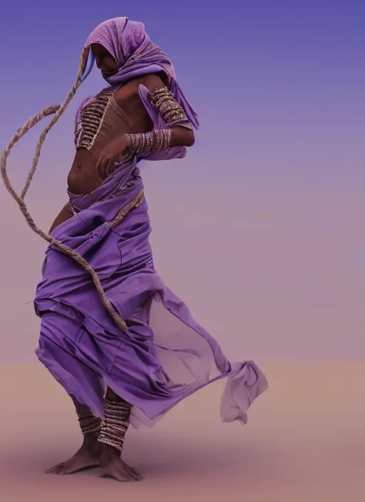 Prompt: full lenght flowing twisted clothes like tornado a old tuareg woman, many fabric, stones near foot, wind, stands on sand, full body shot, dark background, pastel purple colour scheme, hight detailed, masterpiece, concept art, artstation, moviestill, wide angle lens, sharp