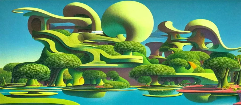 Image similar to huge gargantuan angular dimension of infinite poolrooms, buildings by escher and ricardo bofill. utopian landscape by roger dean. magical realism, surrealism, lush tropical jungle, waterfalls, clouds, mallsoft, vaporwave, trending on artstation, shot from below, epic scale