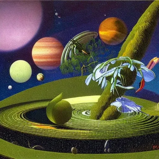 Prompt: a garden in orbit around saturn, 8 k, lowbrow, in the style of martin johnson heade, roger dean and h. r. giger,