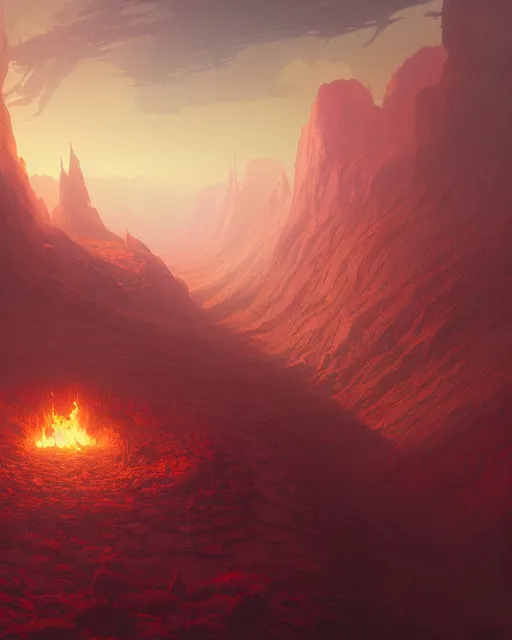 Image similar to highly detailed vfx landscape of hell, stephen bliss, unreal engine, greg rutkowski, loish, rhads, beeple, makoto shinkai and lois van baarle, ilya kuvshinov, rossdraws, tom bagshaw, alphonse mucha, global illumination, detailed and intricate environment