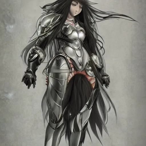 Prompt: realistic full body character design character design of an anime girl with long white hair wearing Elden Ring armor with engraving in the style of Yoji Shinkawa, noisy film grain effect, highly detailed, Renaissance oil painting, weird portrait angle, blurred lost edges, three quarter view