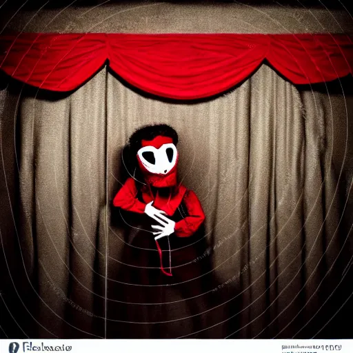 Prompt: puppet on strings behind red curtains, an album cover, post-apocalyptic, very dark ambiance, sewn mouth, realism, no watermark, no white space