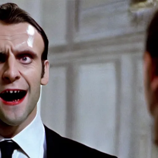 Prompt: vampire Emmanuel Macron in American Psycho (1999)