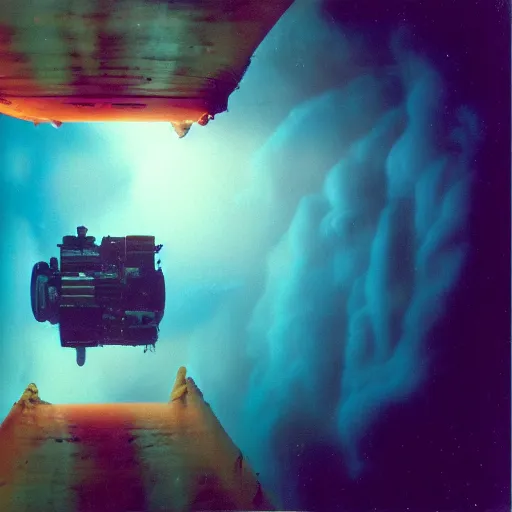 Image similar to film photography of a wooden space station in front of colourful underwater clouds by Kim Keever, low shutter speed, 35mm