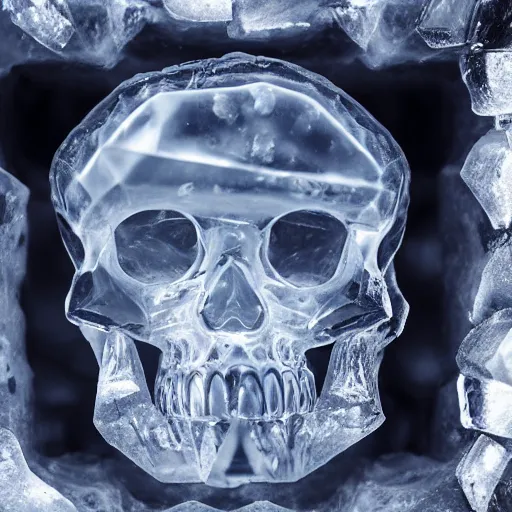 Image similar to a crystal skull inside a block of ice, high detail, 8 k, hd,