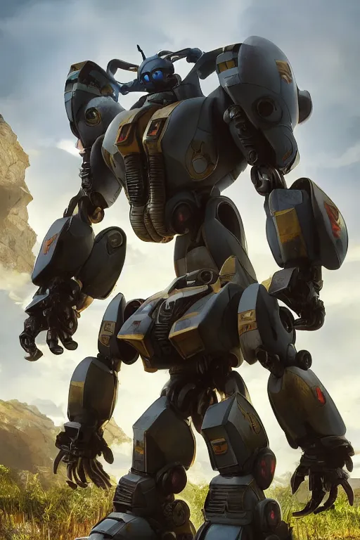 Image similar to mechwarrior 5 : mercenaries mech megaman transformer robot boss tank engine game octane render, 4 k, hd 2 0 2 2 3 d cgi rtx hdr style chrome reflexion glow fanart, global illumination ray tracing hdr fanart arstation by ian pesty by jesper ejsing pixar and disney unreal zbrush central hardmesh