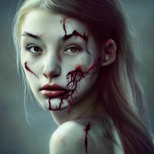 Image similar to high-quality beautifully done centered portrait of a pretty female zombie without a nose and rough pale dirty skin showing a lot of the thin veins underneath, slanted upturned white eyes::trending on artstation, featured on behance::art by Artgerm and Alessio Albi and Heather Theurer::natural lighting, identical eyes, beautiful eyes medium shot, slender symmetrical face and body, hyper-detailed, single face, insanely detailed and intricate