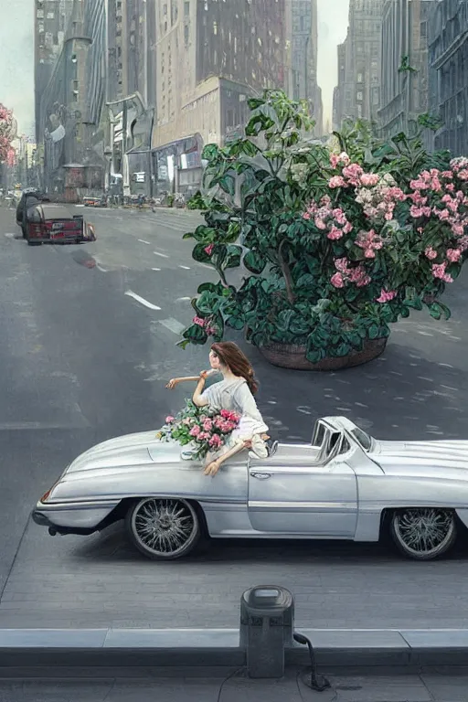 Image similar to ultra realistic illustration, old white vintage car in the new york city with flowers blooming out the window, side view, elegant, highly detailed, digital painting, concept art, smooth, sharp focus, illustration, art by artgerm and greg rutkowski and alphonse mucha