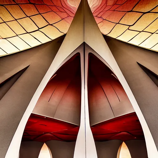 Prompt: eerie dark interior of a futuristic lotus temple with gold, red and white marble panels, smoke and shafts of sunlight in the centre, in the desert, by buckminster fuller and syd mead, intricate contemporary architecture with art nouveau motifs, photo journalism, photography, cinematic, national geographic photoshoot