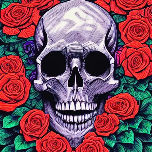 Image similar to ortographic view of a large skull and vivid roses by Jen Bartel and Dan Mumford and Satoshi Kon, gouache illustration