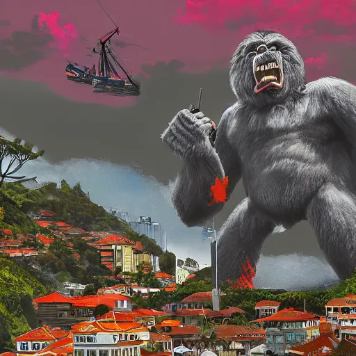 Image similar to king kong destroying funchal's city bay near the streets, trampled, by caio fantinim, trending on artstation, award winning