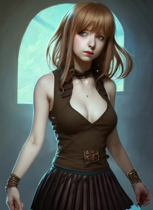 Image similar to portrait of a full body of beautiful young female detective, d & d, sleeveless turtleneck, pleated skirt, fantasy, flat lighting, intricate, highly detailed, digital painting, artstation, concept art, smooth, sharp focus, illustration, misa amane, art by simon bisley and greg rutkowski and alphonse mucha, natural tpose