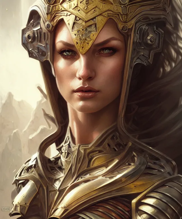 Image similar to Muscular and powerful medieval knight woman portrait, sci-fi, amber eyes, face, long hair, fantasy, intricate, elegant, highly detailed, digital painting, artstation, concept art, smooth, sharp focus, illustration, art by artgerm and greg rutkowski and alphonse mucha