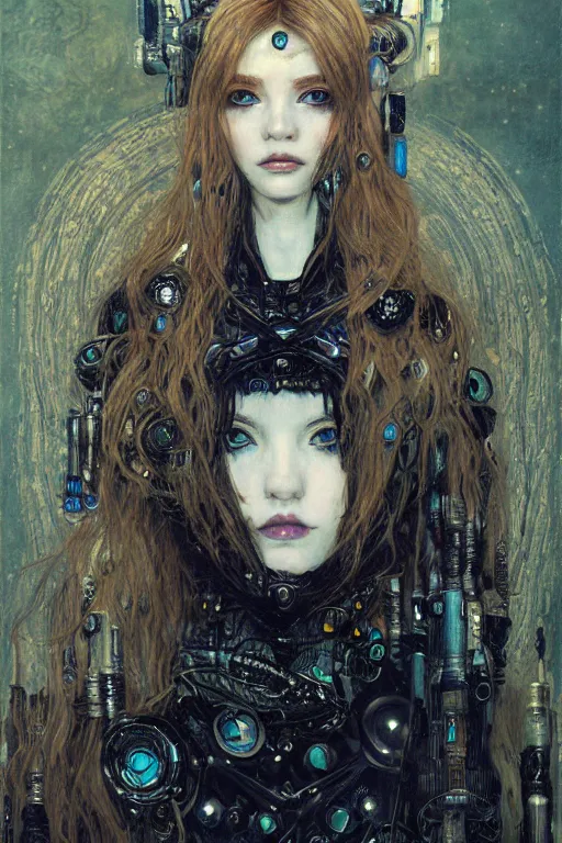 Image similar to portrait of beautiful young gothic maiden, cyberpunk, Warhammer, highly detailed, artstation, illustration, art by Gustav Klimt