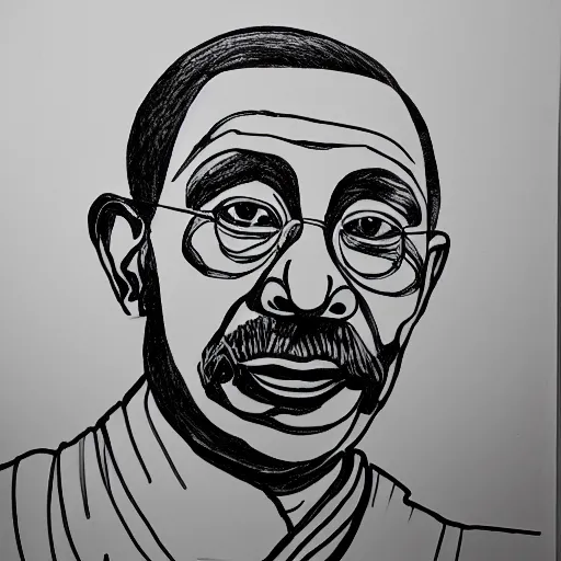 Prompt: continuous single line contour - drawing of ghandi, pen on white paper