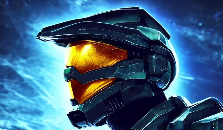 Image similar to cyberpunk halo helmet on space looking up, close shot, reflection, epic, dramatic, cinematic, award winning, ultra detailed, realistic, 8k,