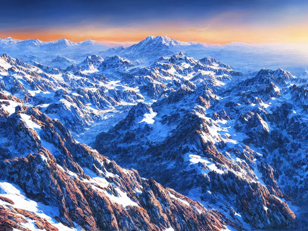 Image similar to view from a mountaintop, high mountains, alps, pyranees, digital painting, 4 k, wallpaper