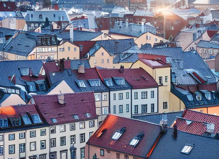 Prompt: photograph of the rooftops of gothenburg sweden, morning light, landscape photography, award winning, canon, soft lighting, sony, nikon, 4 k, hd