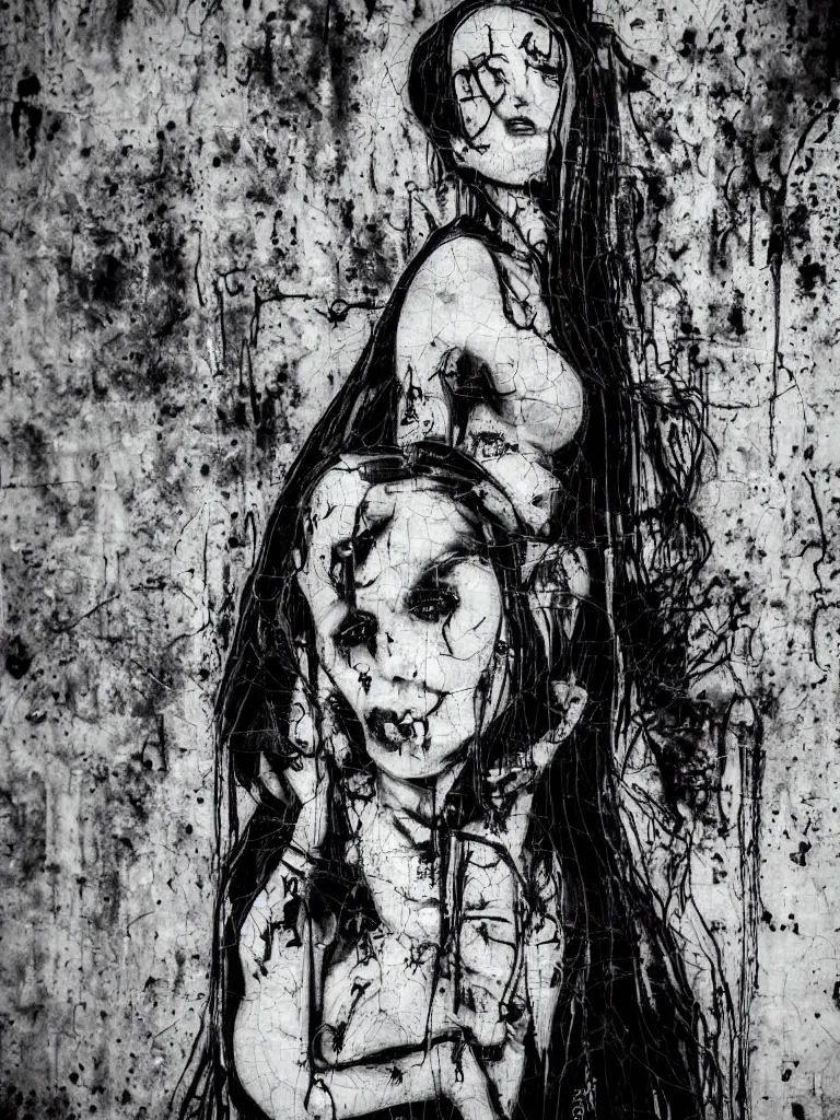 Prompt: graffiti in an abandoned overgrown warehouse, cute fumo plush gothic black enigmatic maiden girl painted in spilt ink and washed watercolor lurching out of the portrait in 3 d, avant garde pop art, filmic, captured on canon eos r 6