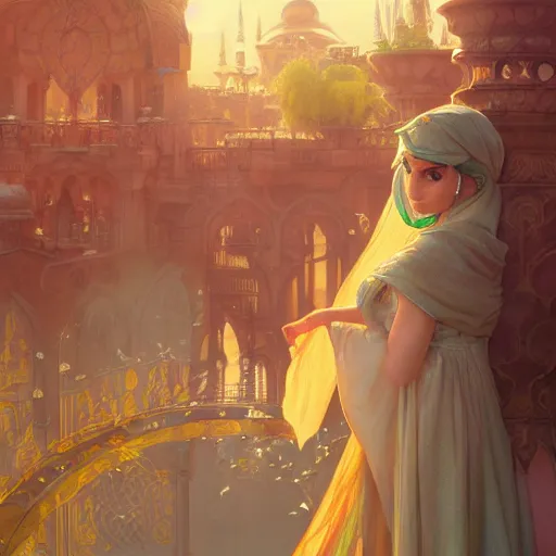 Image similar to beautiful young princess jasmin closeup, palace background, d & d, fantasy, elegant, highly detailed, digital painting, artstation, concept art, matte, sharp focus, illustration, art by artgerm and greg rutkowski and alphonse mucha